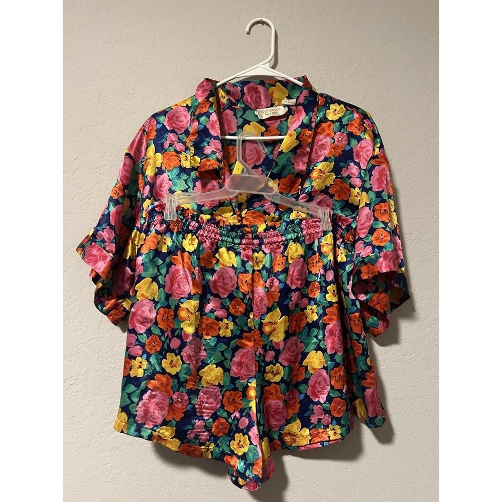 Victoria's Secret Vintage Gold Label Floral Satin Matching Pajama Set Sz Small